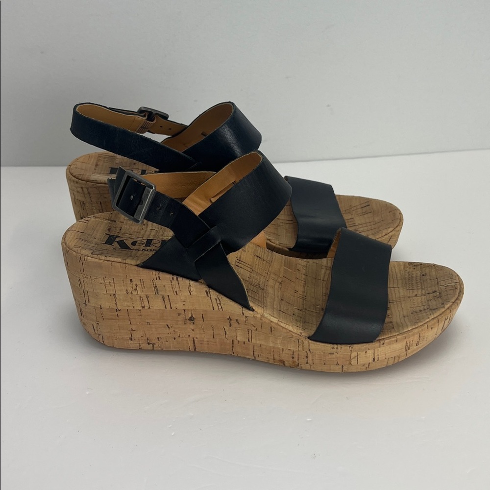 Kork Ease Austin Slingback Wedge Sandal Black Leather Womens 9 Closet Staple